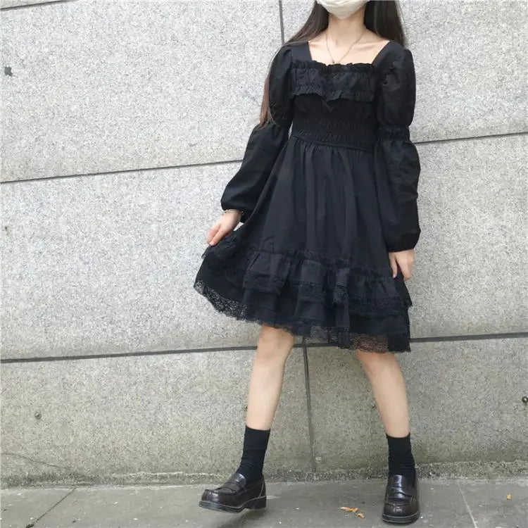 Victorian Gothic Square Collar Lace Ruffles Black Lolita