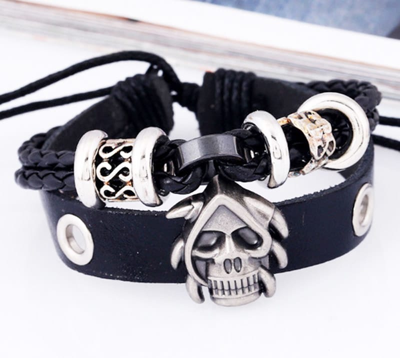 Gothic Skull Studded Leather Charm Bracelet