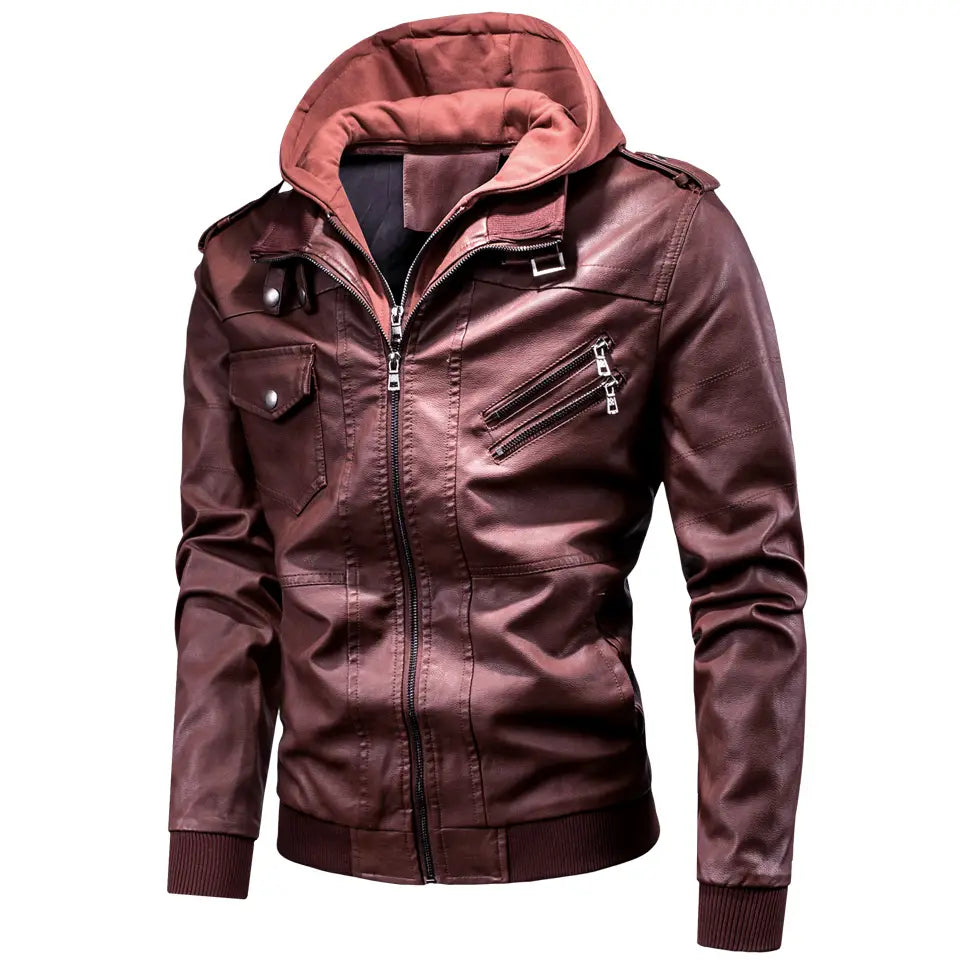 Men’s detachable hooded pu leather jacket