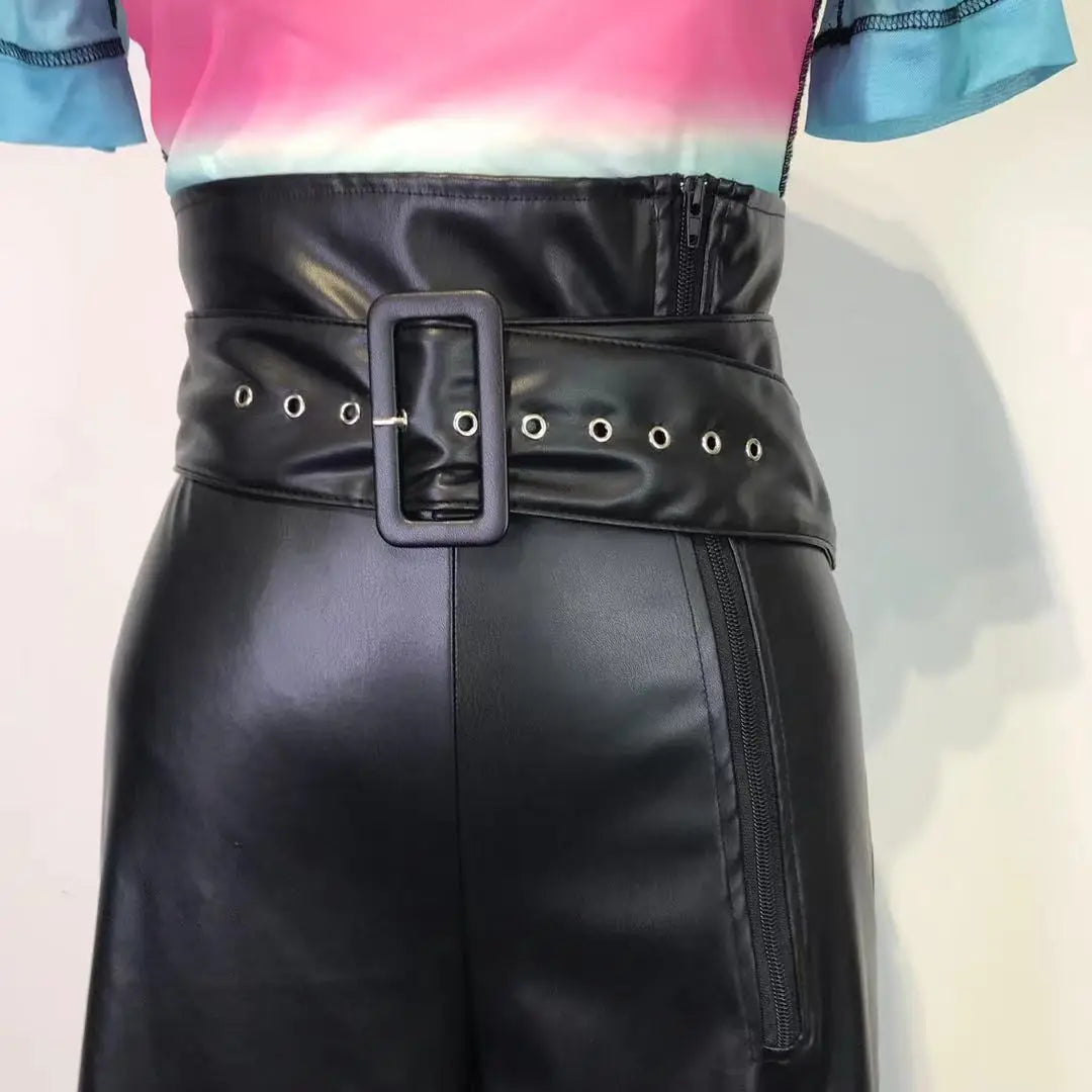 Women’s Fashion High-waist Trousers INS Style PU Leather