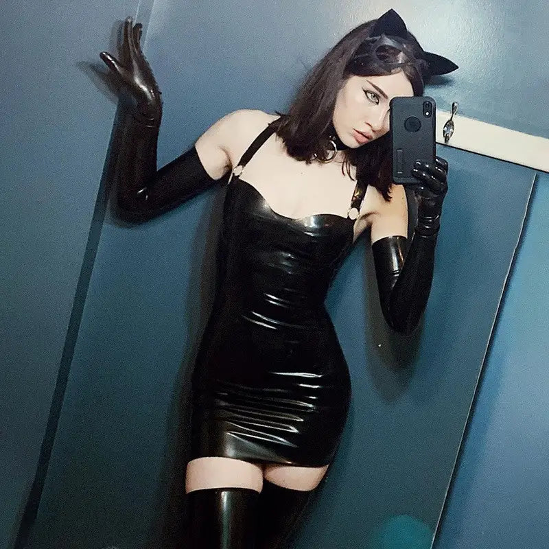 Gothic Backless PU Leather Dress With Gloves