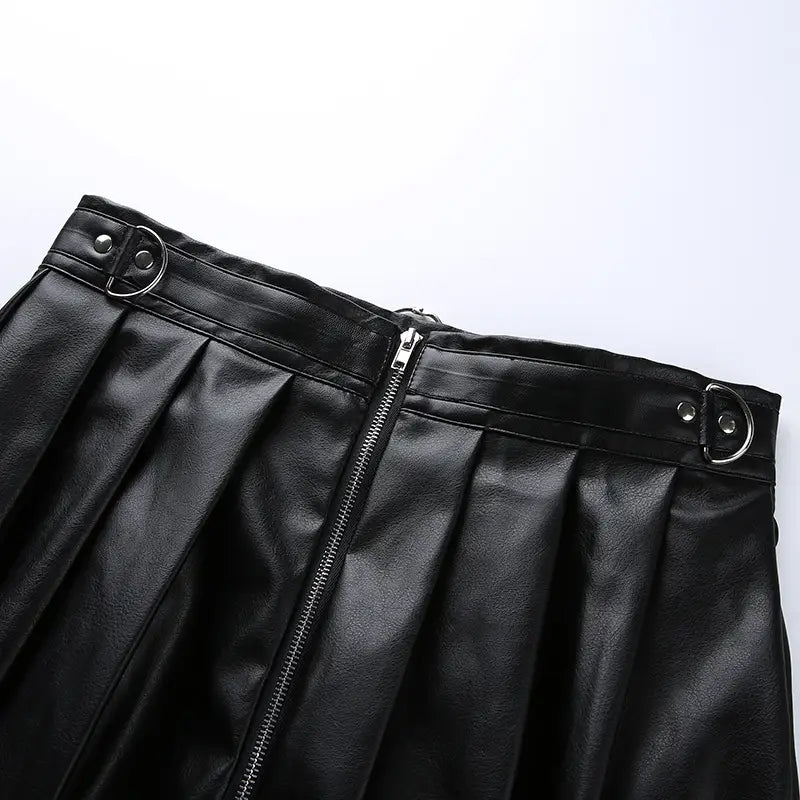 Pleated skirt female punk metallic dark leather pleated high