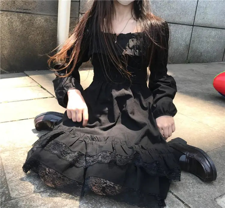 Victorian Gothic Square Collar Lace Ruffles Black Lolita