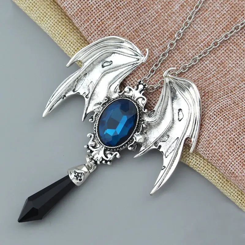 Gothic Bat Wings Crystal Pendant Necklace