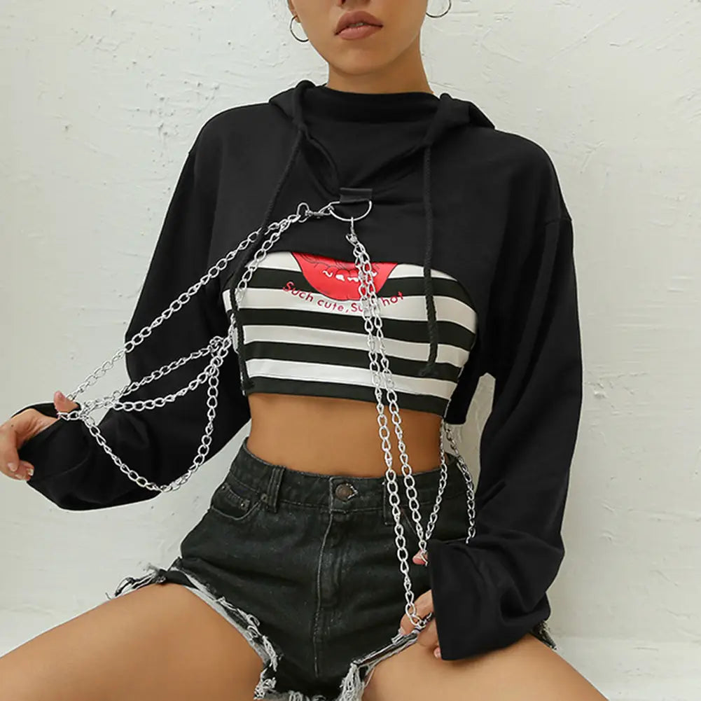 Hooded Cool Jumper Strap Chain Pullover Top