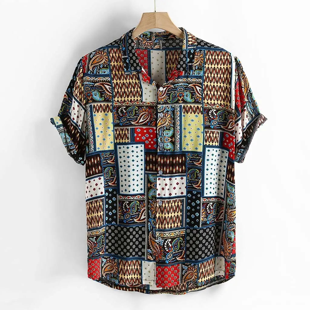 Mens Cotton Colorful Abstract Printing Short Sleeve Shirt