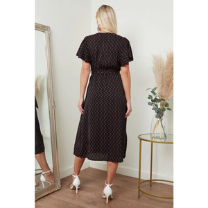 Angel Sleeves Midi Wrap Dress In Black Floral Print -