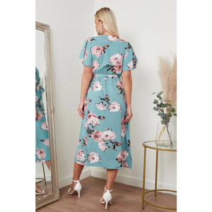 Angel Sleeves Midi Wrap Dress In Green Floral Print -
