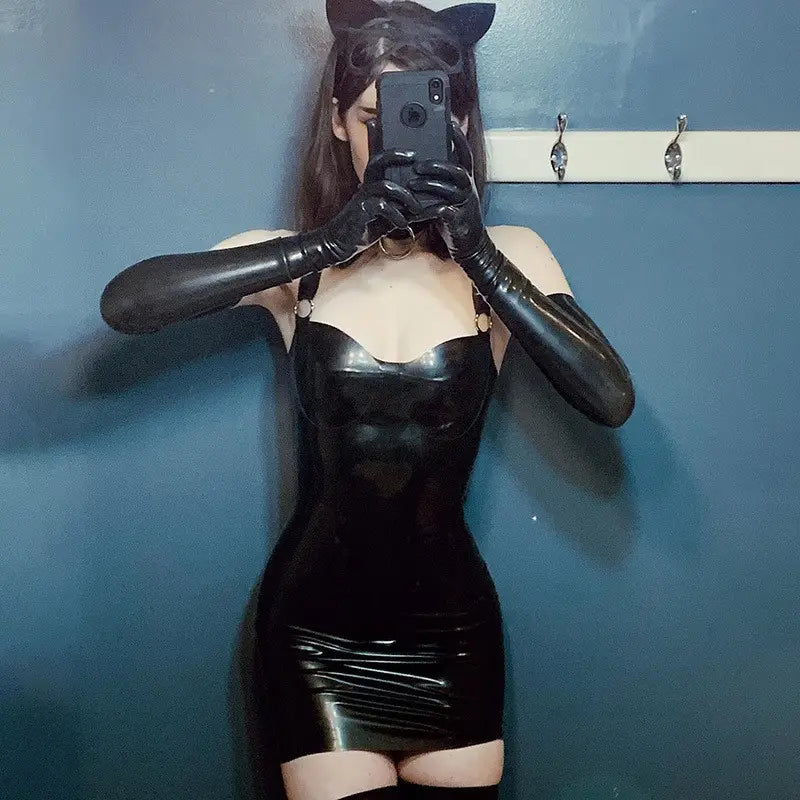 Gothic Backless PU Leather Dress With Gloves