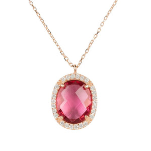 Beatrice Oval Gemstone Pendant Necklace Rose Gold Pink