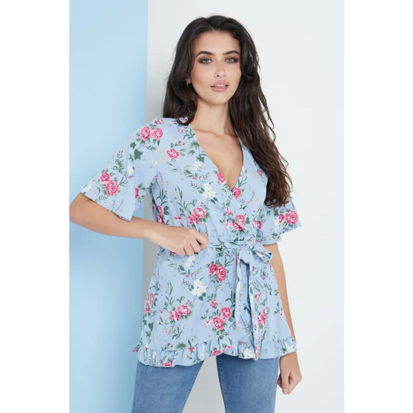 Blue Floral Wrap Top - Shirts & Tops