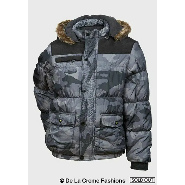 Boys Camouflage Print Puffa Coat - 3-4 Years / Charcoal -