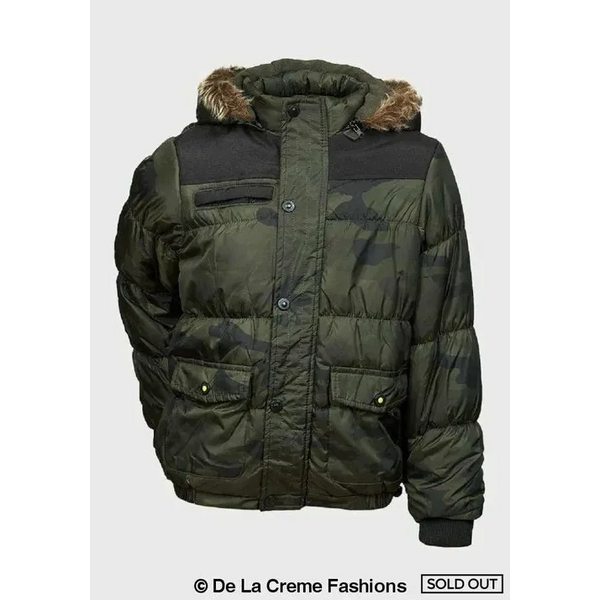 Boys Camouflage Print Puffa Coat - 7-8 Years / Khaki - Coats