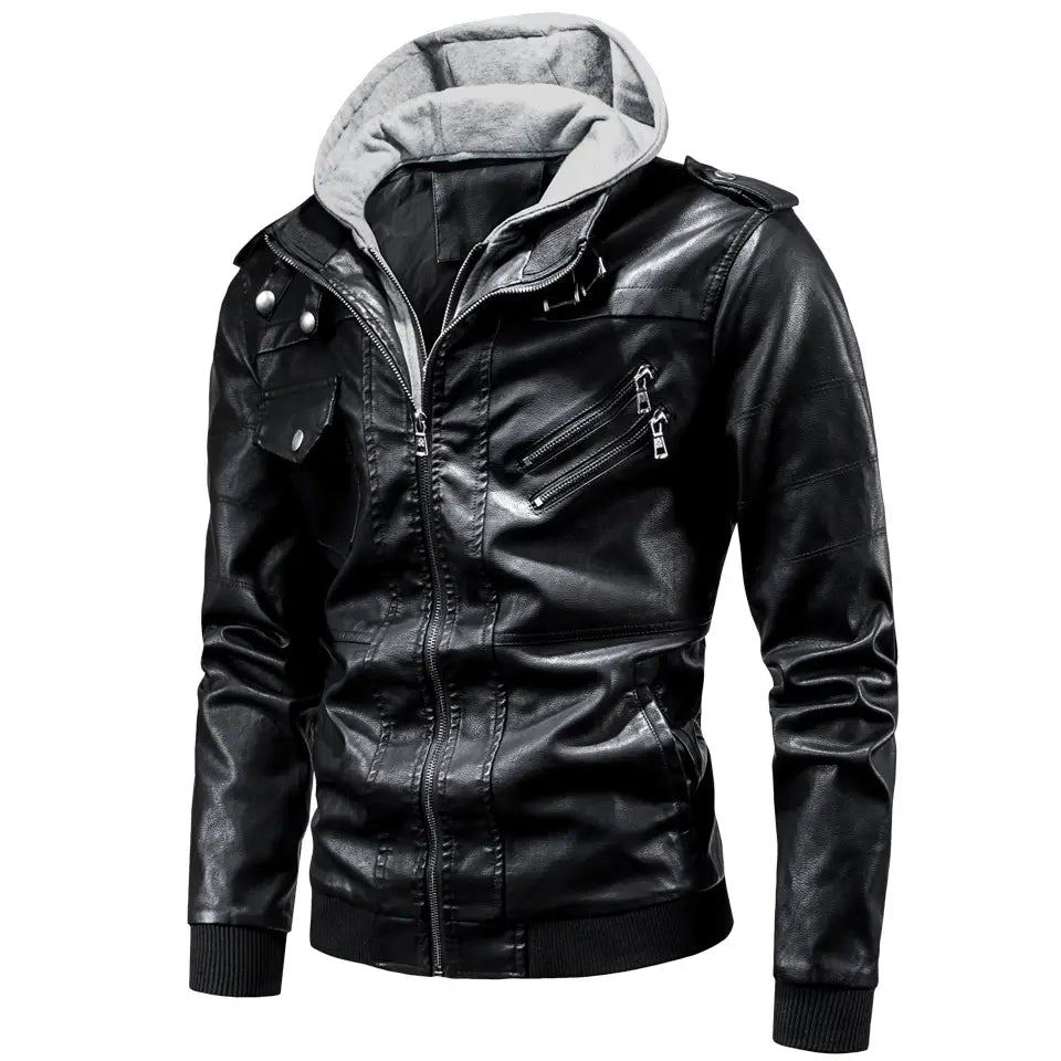 Men’s detachable hooded pu leather jacket