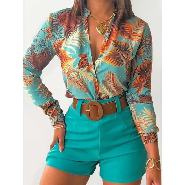 Digital Printing Stand Collar Long Sleeve Shirt Ladies Set -