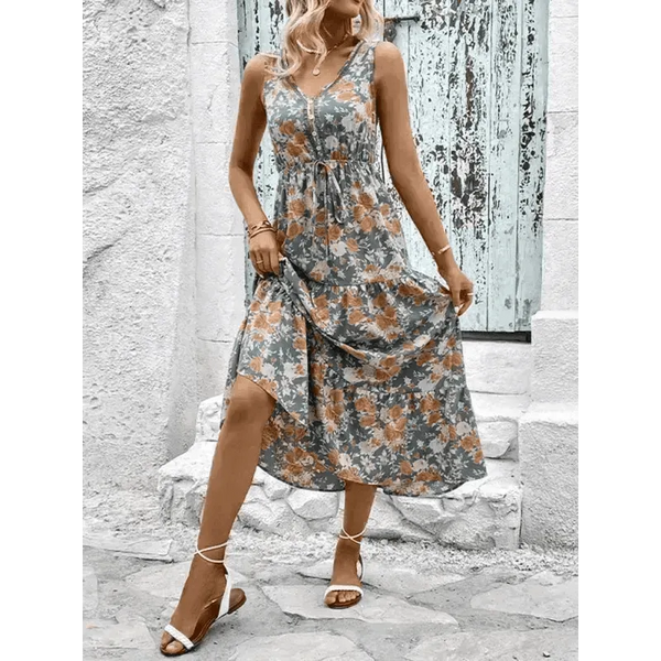 Fashion Casual Ladies Button Sleeveless Floral Print Dress - Epic Fashion UKAllDressWomen