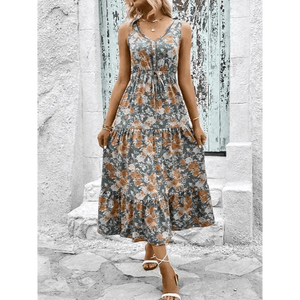 Fashion Casual Ladies Button Sleeveless Floral Print Dress - Epic Fashion UKAllDressWomen