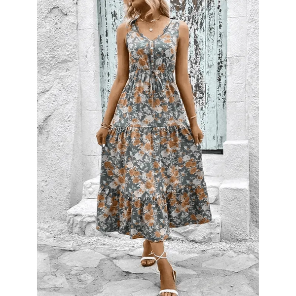 Fashion Casual Ladies Button Sleeveless Floral Print Dress - Epic Fashion UKAllDressWomen