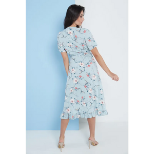 Floral Frill Midi Wrap Dress In Blue - Dresses