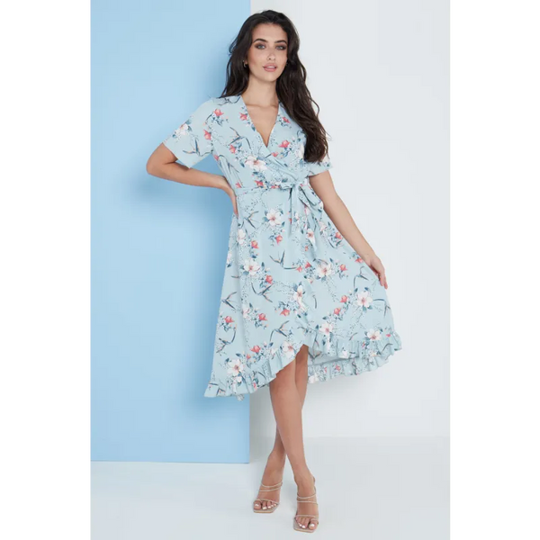 Floral Frill Midi Wrap Dress In Blue - Dresses