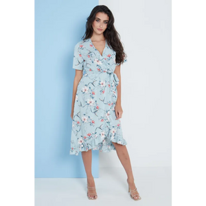 Floral Frill Midi Wrap Dress In Blue - Dresses