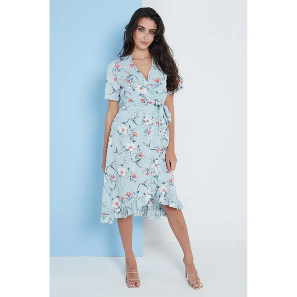 Floral Frill Midi Wrap Dress In Blue - Dresses