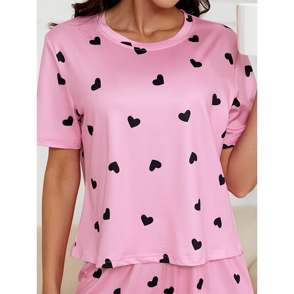 Heart print knitted fashionable soft short sleeve shorts