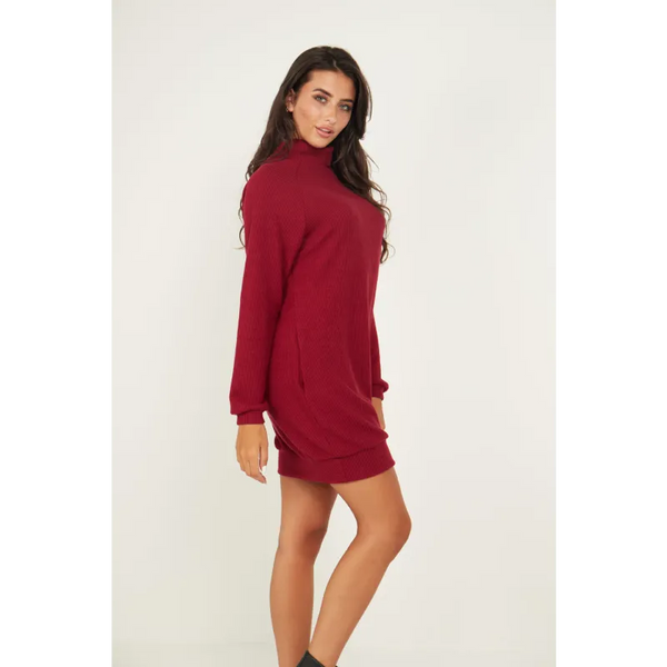 Jumper Dress With Roll Neck And Pockets In Wine - Dresses