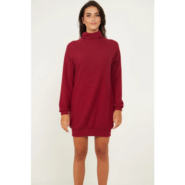 Jumper Dress With Roll Neck And Pockets In Wine - Dresses