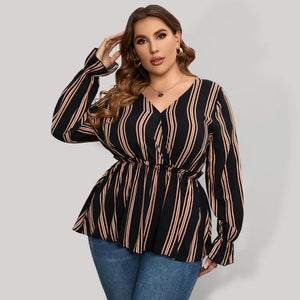 Ladies plus size shirt striped long sleeve waist - Black /