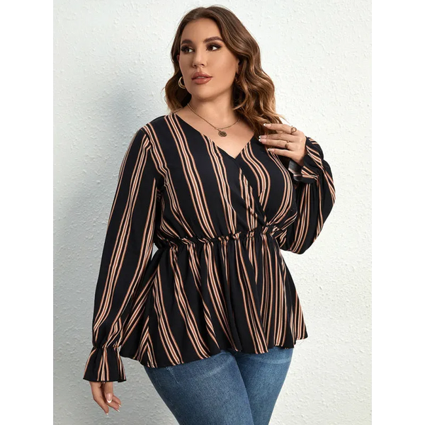 Ladies plus size shirt striped long sleeve waist - Top