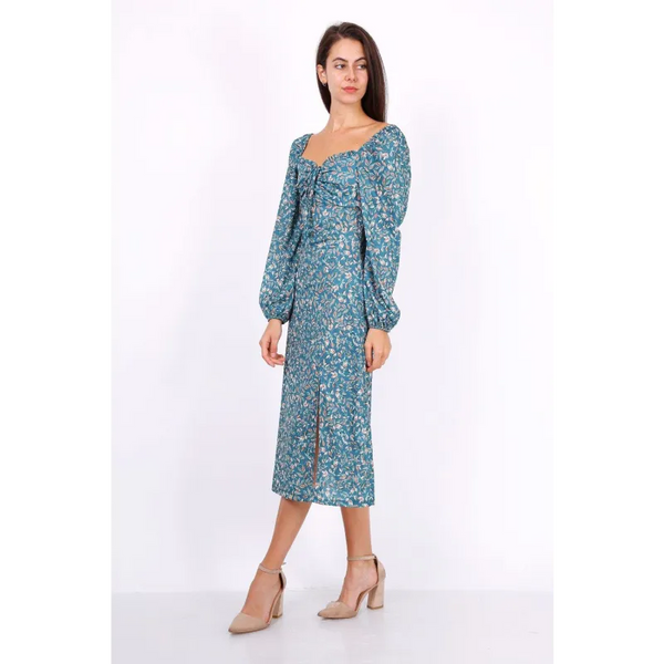 Leaf Print Ruched Neckline Midi Dress In Blue - Dresses