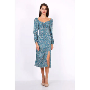 Leaf Print Ruched Neckline Midi Dress In Blue - Dresses