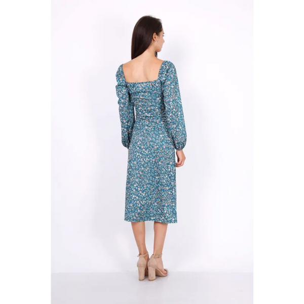Leaf Print Ruched Neckline Midi Dress In Blue - Dresses