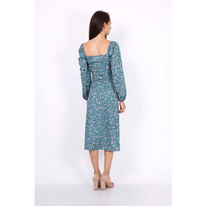 Leaf Print Ruched Neckline Midi Dress In Blue - Dresses