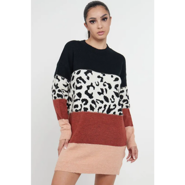 Leopard Colour Block Sweater Dress - ONE SIZE - Dresses