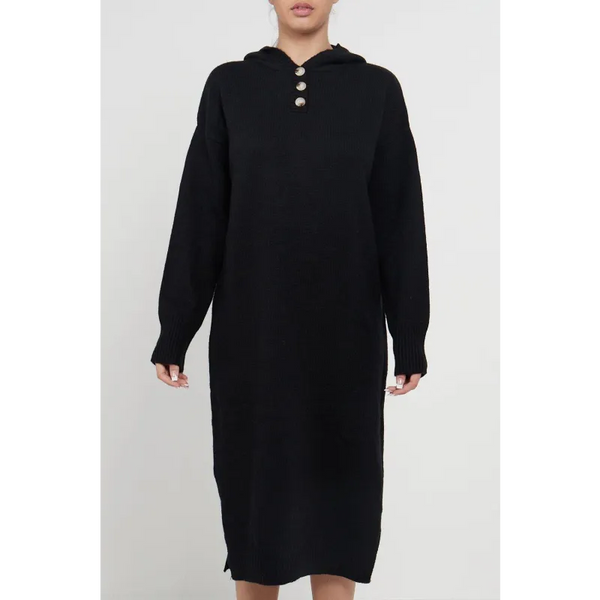 Longline Hooded Jumper Dress In Black - Dresses