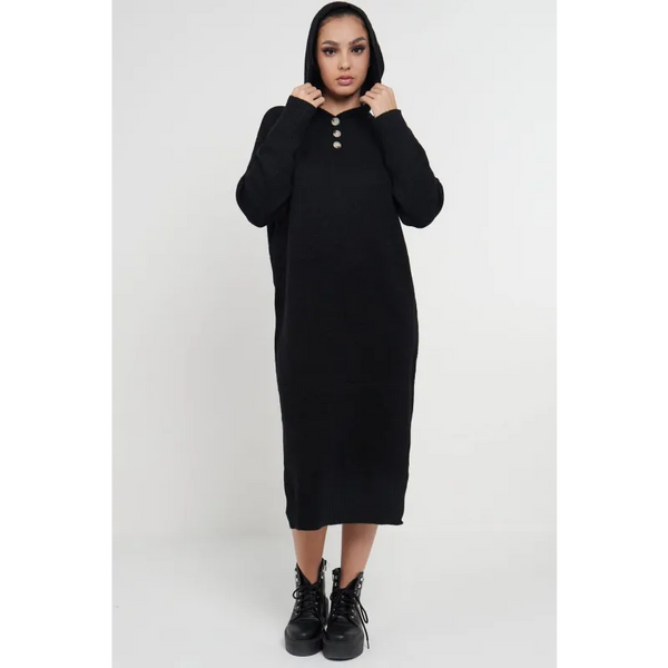 Longline Hooded Jumper Dress In Black - Dresses