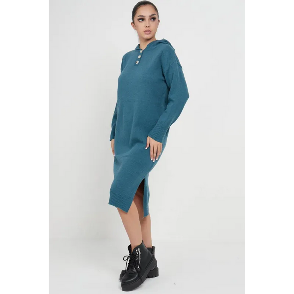 Longline Hooded Jumper Dress In Jade Green - Dresses