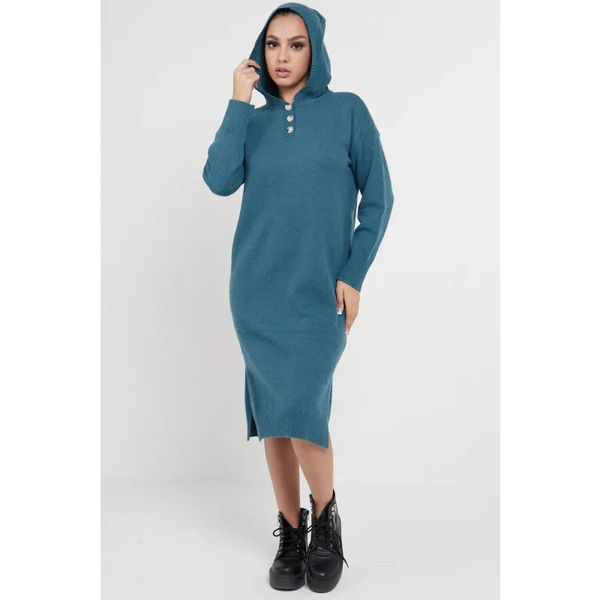 Longline Hooded Jumper Dress In Jade Green - Dresses