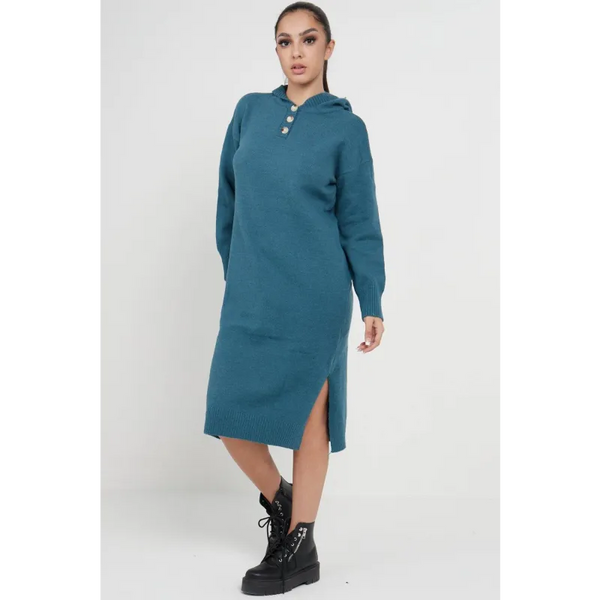 Longline Hooded Jumper Dress In Jade Green - Dresses