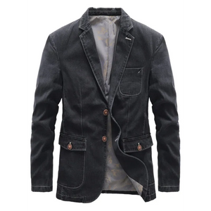 Men’s Casual Loose Denim Multi-pocket Suit Jacket - Black /