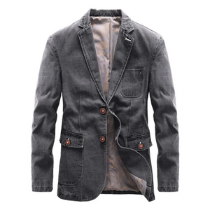 Men’s Casual Loose Denim Multi-pocket Suit Jacket - Grey / S