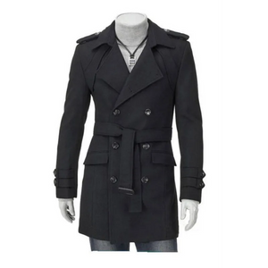 Men’s Mid-length Slim Fit Thick Woolen Trench Coat - Black /