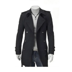 Men’s Mid-length Slim Fit Thick Woolen Trench Coat - Black /