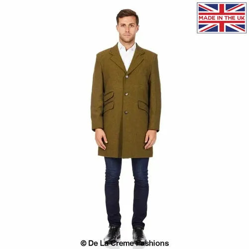 Mens Wool Blend Herringbone Design Coat - S / Olive Coats &