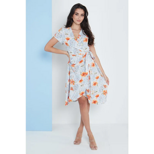 Midi Wrap Dress in Blue Floral Print - Dresses