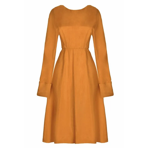 Mustard long sleeve Midi Dress - S / Gold Dresses