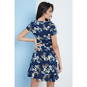 Navy Blue Floral Wrap Frill Dress - Dresses