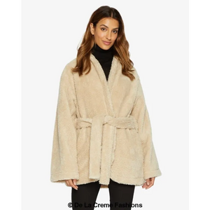 Open Front Belted Teddy Coat - Coats & Jackets